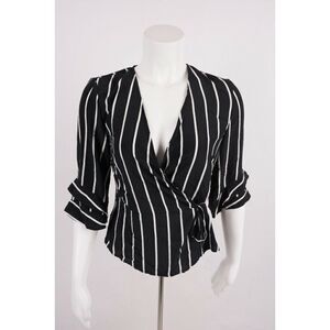 Bershka Women's Crossover Wrap Shirt S Black Striped 3/4 sleeve 0727/880 NWT